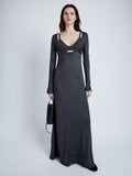 Proenza Schouler Front full length image of model wearing Nalani Dress in Lacqured viscose in SLATE