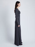 Proenza Schouler Side full length image of model wearing Nalani Dress in Lacqured viscose in SLATE