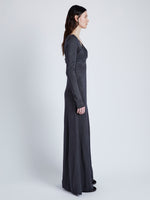 Proenza Schouler Side full length image of model wearing Nalani Dress in Lacqured viscose in SLATE