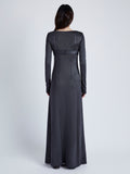 Proenza Schouler Back full length image of model wearing Nalani Dress in Lacqured viscose in SLATE