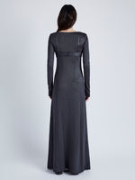 Proenza Schouler Back full length image of model wearing Nalani Dress in Lacqured viscose in SLATE