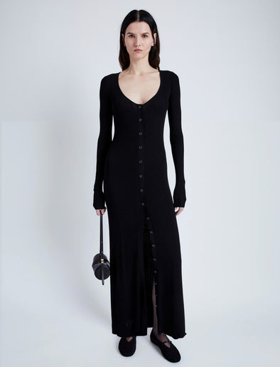 Proenza Schouler Front full length image of model wearing Athena Dress in Silk Viscose in BLACK