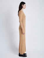 Proenza Schouler Side full length image of model wearing Athena Dress in Silk Viscose in KHAKI