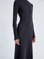 Proenza Schouler Detail image of model wearing Jocelyn Dress in Midweight Viscose Rib Knit in CHARCOAL