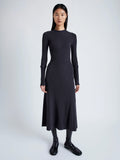 Proenza Schouler Front full length image of model wearing Jocelyn Dress in Midweight Viscose Rib Knit in CHARCOAL with snood removed