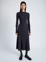 Proenza Schouler Front full length image of model wearing Jocelyn Dress in Midweight Viscose Rib Knit in CHARCOAL with snood removed