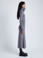 Proenza Schouler Side full length image of model wearing Jocelyn Dress in Midweight Viscose Rib Knit in GREY