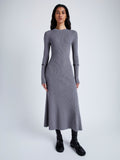 Proenza Schouler Front full length image of model wearing Jocelyn Dress in Midweight Viscose Rib Knit in GREY with snood removed