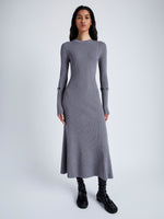 Proenza Schouler Front full length image of model wearing Jocelyn Dress in Midweight Viscose Rib Knit in GREY with snood removed