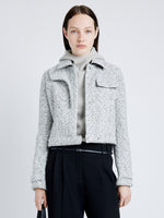 Proenza Schouler Front cropped image of model wearing Rivers Jacket in Cotton Wool Jacquared in BLACK/OFF WHITE