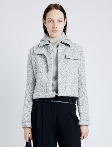 Proenza Schouler Front cropped image of model wearing Rivers Jacket in Cotton Wool Jacquared in BLACK/OFF WHITE