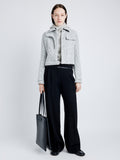 Proenza Schouler Front full length image of model wearing Rivers Jacket in Cotton Wool Jacquared in BLACK/OFF WHITE