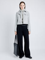 Proenza Schouler Front full length image of model wearing Rivers Jacket in Cotton Wool Jacquared in BLACK/OFF WHITE