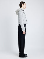 Proenza Schouler Side full length image of model wearing Rivers Jacket in Cotton Wool Jacquared in BLACK/OFF WHITE