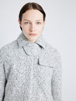 Proenza Schouler Detail image of model wearing Rivers Jacket in Cotton Wool Jacquared in BLACK/OFF WHITE