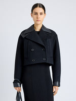 Proenza Schouler Front cropped image of model wearing Reyes Jacket in Boiled Wool Jersey in BLACK