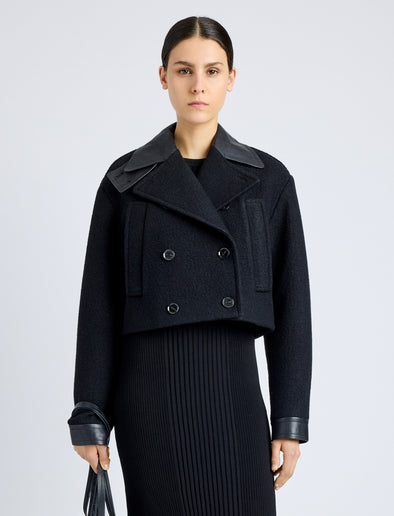 Proenza Schouler Front cropped image of model wearing Reyes Jacket in Boiled Wool Jersey in BLACK