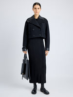 Proenza Schouler Front full length image of model wearing Reyes Jacket in Boiled Wool Jersey in BLACK