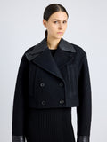 Proenza Schouler Detail image of model wearing Reyes Jacket in Boiled Wool Jersey in BLACK