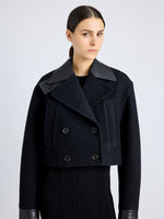 Proenza Schouler Detail image of model wearing Reyes Jacket in Boiled Wool Jersey in BLACK