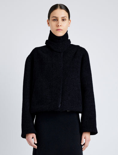 Cropped front image of model wearing Darcy Jacket in Brushed Wool Cashmere in black