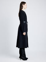 Proenza Schouler Side full length image of model wearing Enya Dress in Lightweight Matte Viscose Crepe with in BLACK