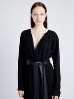 Proenza Schouler Detail image of model wearing Enya Dress in Lightweight Matte Viscose Crepe with in BLACK