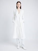 Proenza Schouler Front full length image of model wearing Enya Dress in Lightweight Matte Viscose Crepe in WHITE