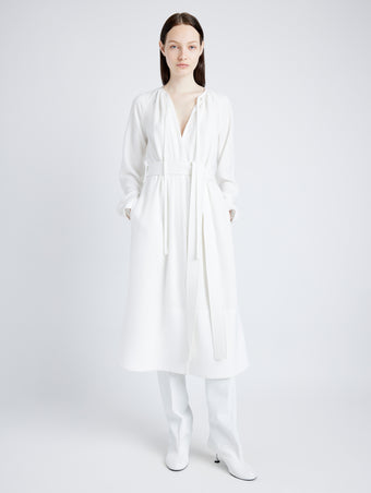 Proenza Schouler Front full length image of model wearing Enya Dress in Lightweight Matte Viscose Crepe in WHITE