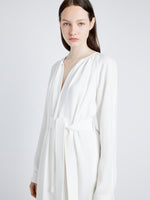 Proenza Schouler Detail image of model wearing Enya Dress in Lightweight Matte Viscose Crepe in WHITE