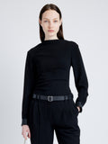 Proenza Schouler Front cropped image of model wearing Alexis Top in Matte Viscose Crepe with Faux Leathe in BLACK