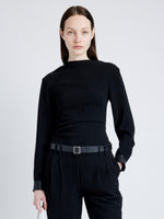 Proenza Schouler Front cropped image of model wearing Alexis Top in Matte Viscose Crepe with Faux Leathe in BLACK