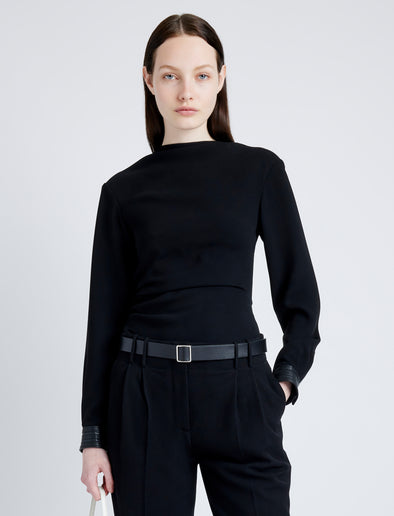 Proenza Schouler Front cropped image of model wearing Alexis Top in Matte Viscose Crepe with Faux Leathe in BLACK