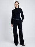 Proenza Schouler Front full length image of model wearing Alexis Top in Matte Viscose Crepe with Faux Leathe in BLACK