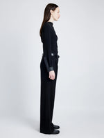 Proenza Schouler Side full length image of model wearing Alexis Top in Matte Viscose Crepe with Faux Leathe in BLACK