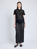 Proenza Schouler Front full length image of model wearing Kennedy Top in Stretch Lace in BLACK