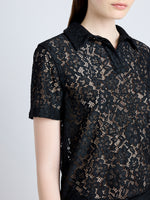 Proenza Schouler Detail image of model wearing Kennedy Top in Stretch Lace in BLACK