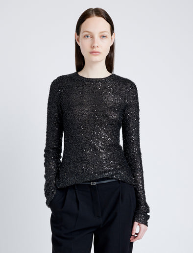 Proenza Schouler Front cropped image of model wearing Sophie Long Sleeve Top in Sequin in BLACK