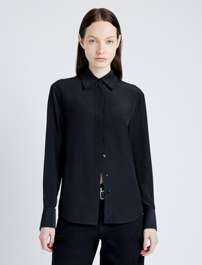 Proenza Schouler front cropped image of model wearing Arabella Top in Eco Silk in BLACK