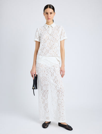 Proenza Schouler Front full length image of model wearing Jasmine Skirt in Stretch Lace in OFF WHITE