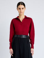 Proenza Schouler Front cropped image of model wearing Jeanne Sweater in Eco Cashmere in DARK RED