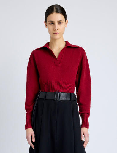 Proenza Schouler Front cropped image of model wearing Jeanne Sweater in Eco Cashmere in DARK RED