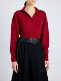 Proenza Schouler Detail image of model wearing Jeanne Sweater in Eco Cashmere in DARK RED