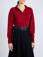 Proenza Schouler Detail image of model wearing Jeanne Sweater in Eco Cashmere in DARK RED