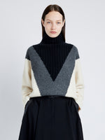 Proenza Schouler Front cropped image of model wearing Alma Sweater in Graphic Instrasia in ECRU MULTI