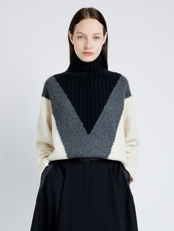 Proenza Schouler Front cropped image of model wearing Alma Sweater in Graphic Instrasia in ECRU MULTI