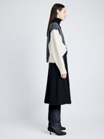 Proenza Schouler Side full length image of model wearing Alma Sweater in Graphic Instrasia in ECRU MULTI