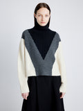 Proenza Schouler Detail image of model wearing Alma Sweater in Graphic Instrasia in ECRU MULTI