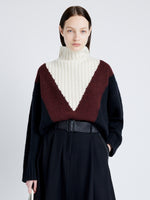 Proenza Schouler Front cropped image of model wearing Alma Sweater in Graphic Instrasia in BLACK MULTI