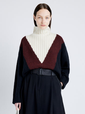 Proenza Schouler Front cropped image of model wearing Alma Sweater in Graphic Instrasia in BLACK MULTI